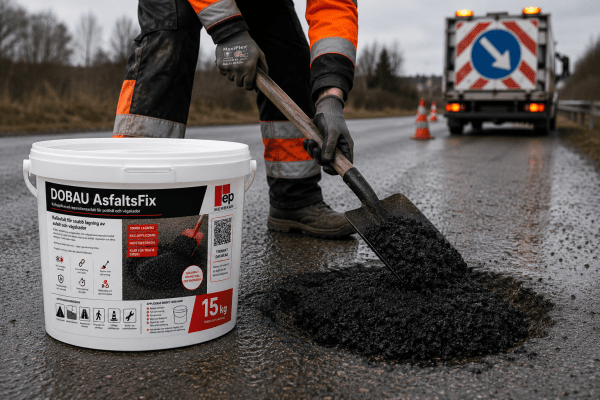 Zoom bild av Asfaltreparation med kallasfalt på trafikerad väg