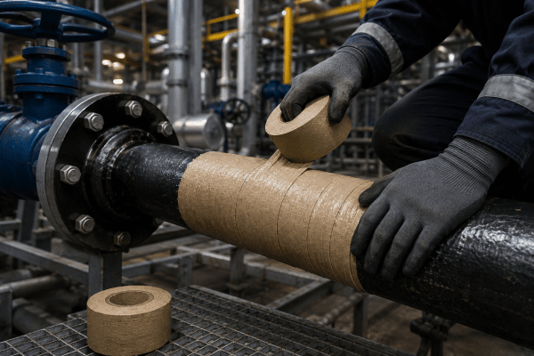 Zoom bild av Korrosionsskyddstejp applicerad på svetsfog och stålrör i industriell miljö